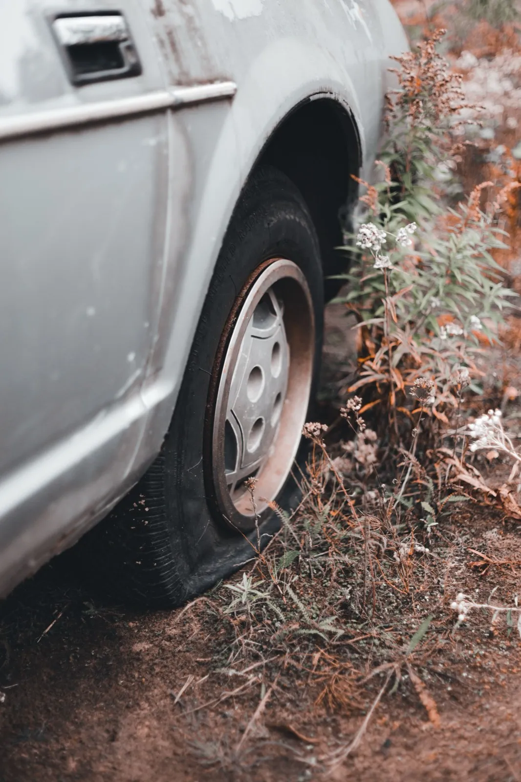 A flat tire on an older silver car parked next to weeds